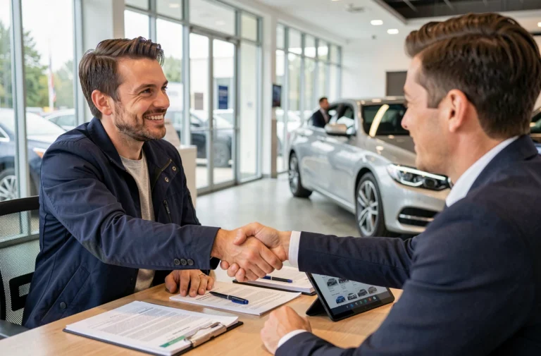 Homme signant un accord d'achat de voiture avec un vendeur dans une concession automobile moderne