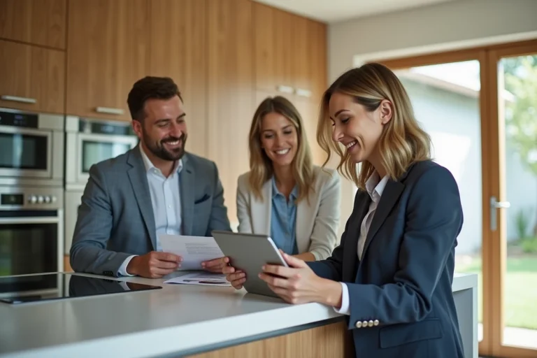 Agent immobilier femme souriante avec tablette dans une cuisine moderne