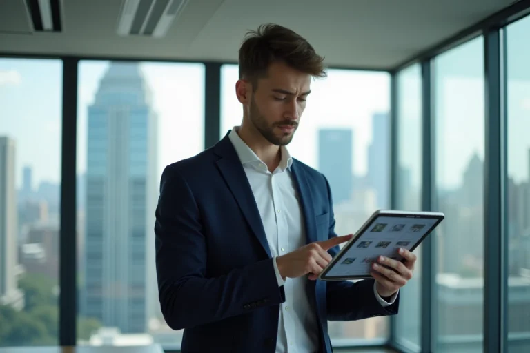 Jeune agent immobilier avec tablette dans un bureau moderne