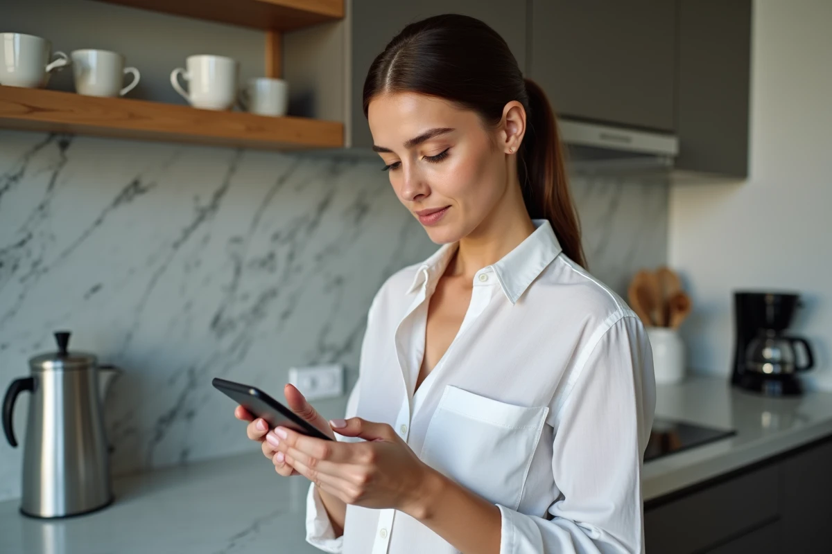 Jeune femme utilisant son smartphone pour annuler un essai gratuit Amazon Prime depuis sa cuisine