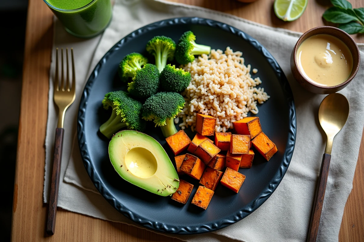 Assiette vegan équilibrée vue de dessus avec riz complet, brocoli, patate douce et avocat, représentant les habitudes alimentaires saines d'un athlète