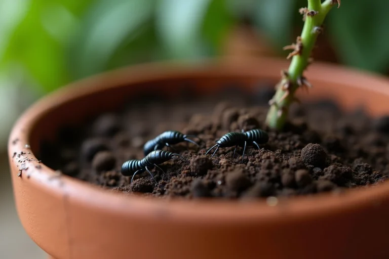 Collemboles noirs visibles sur la terre humide d'un pot de fleur en terre cuite posé sur un plan de travail en bois