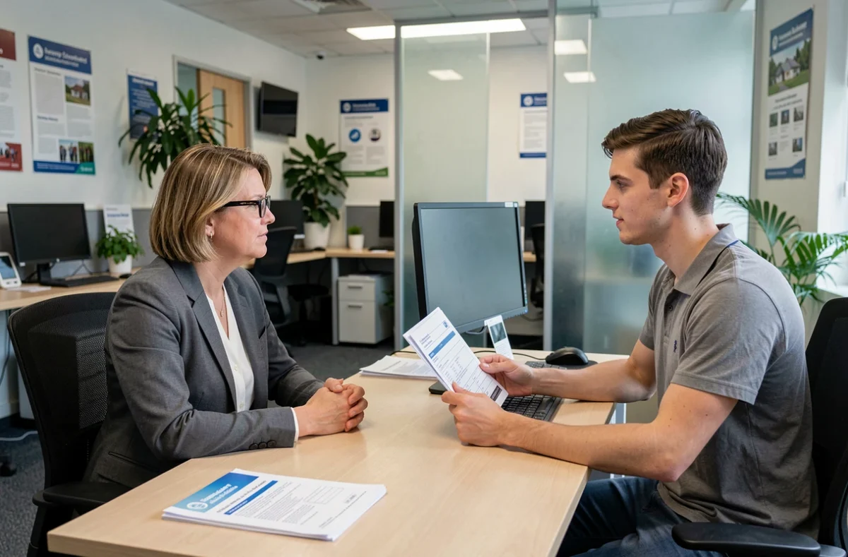 Conseillère en logement accompagnant un jeune demandeur d'aide sociale dans un bureau administratif