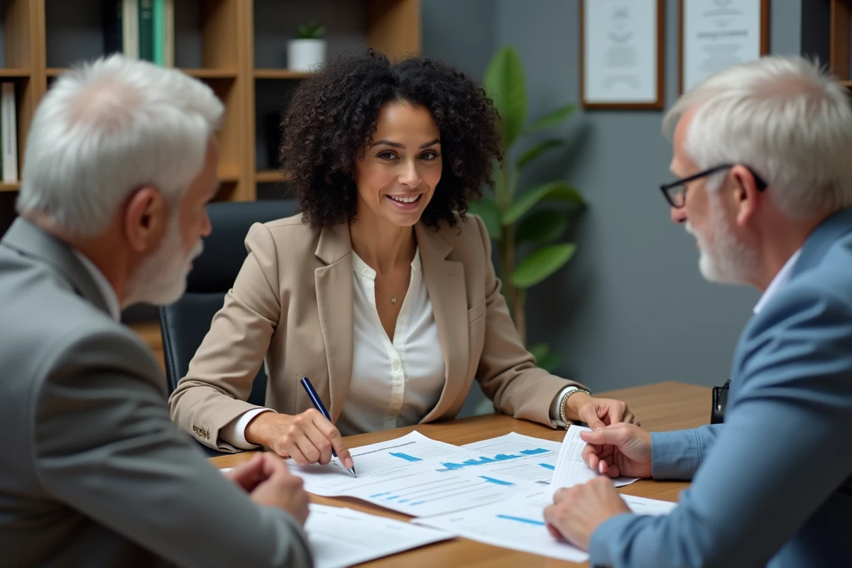 Conseillère financière présentant un plan de retraite à un couple dans un bureau professionnel