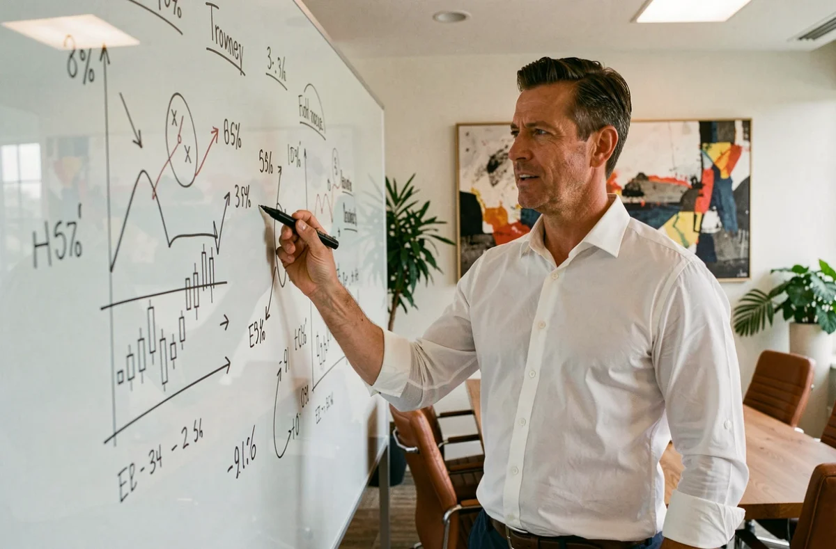 Consultant financier expliquant des tendances économiques sur un tableau en verre dans une salle de réunion