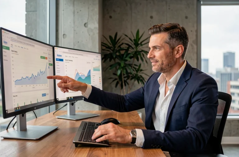 Consultant web expert analysant des données de visibilité en ligne sur deux écrans dans un bureau moderne