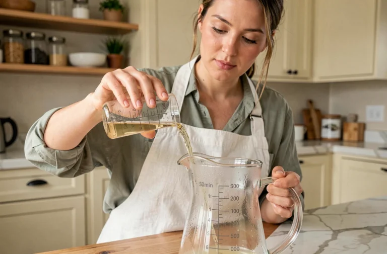 Femme versant 200 ml de liquide dans un verre doseur gradué sur un plan de travail en marbre dans une cuisine moderne