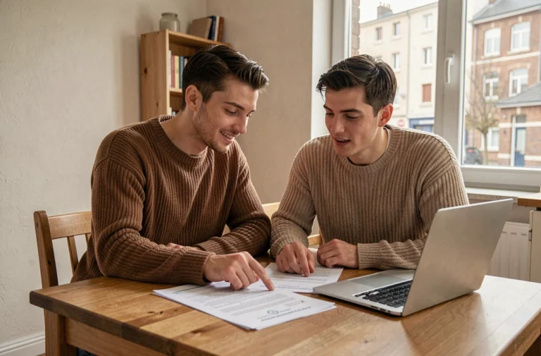 Jeune couple consultant les documents d'aide au logement 2026 à leur domicile
