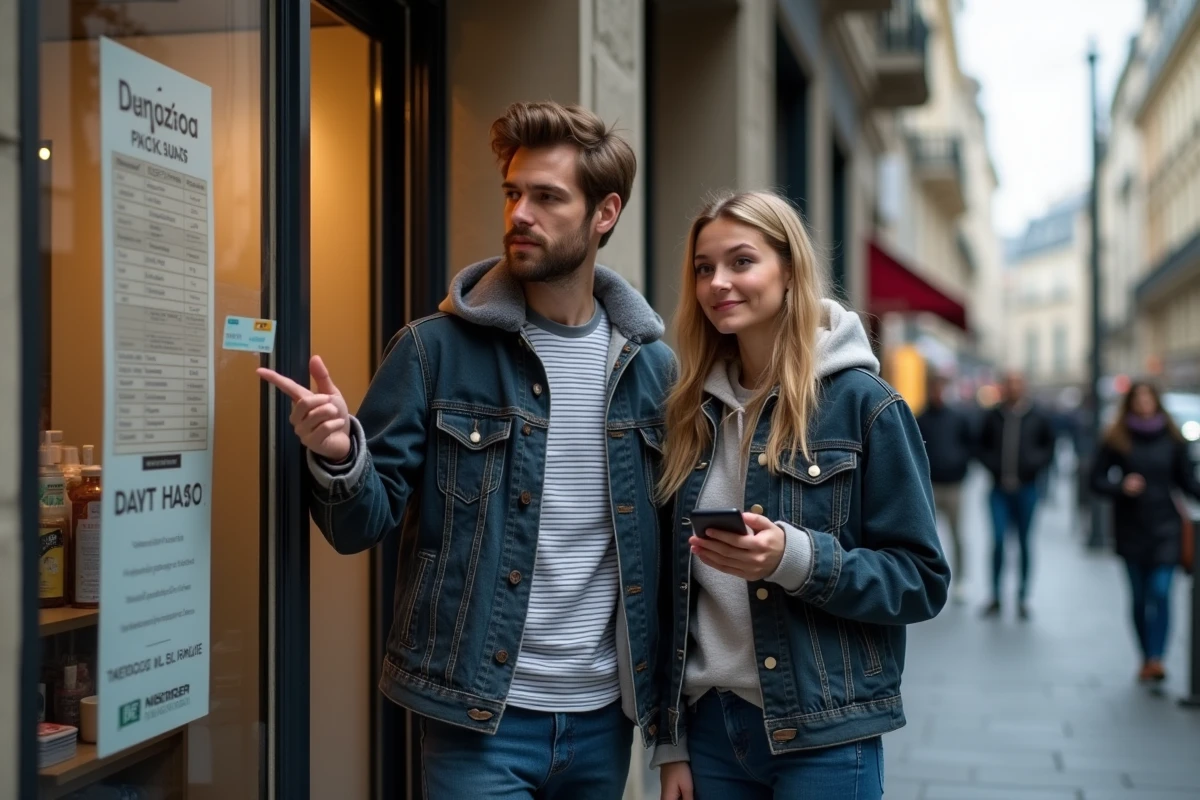 Couple consultant les informations du compte Nickel devant un bureau de tabac en France