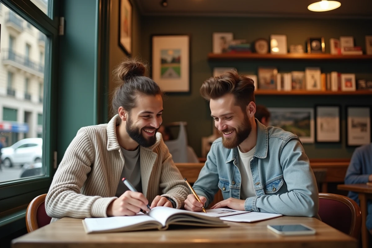Jeune couple planifiant leur voyage dans un cafe parisien