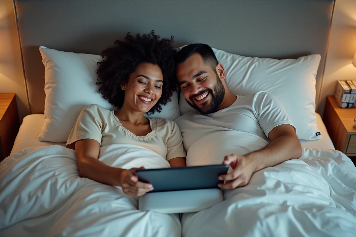 Couple regardant un film en streaming sur une tablette dans leur chambre à coucher confortable