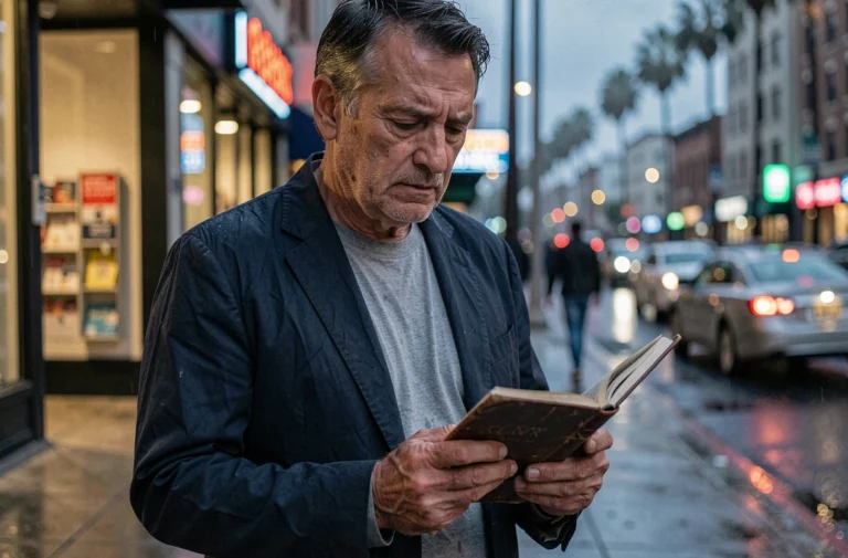 Détective vieillissant en blouson sombre étudiant un carnet sur un trottoir pluvieux de Los Angeles, atmosphère noir urbain, style série policière