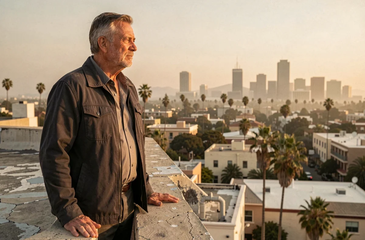 Détective solitaire sur un toit avec vue sur Los Angeles, silhouette pensive et atmosphère dramatique de série policière américaine