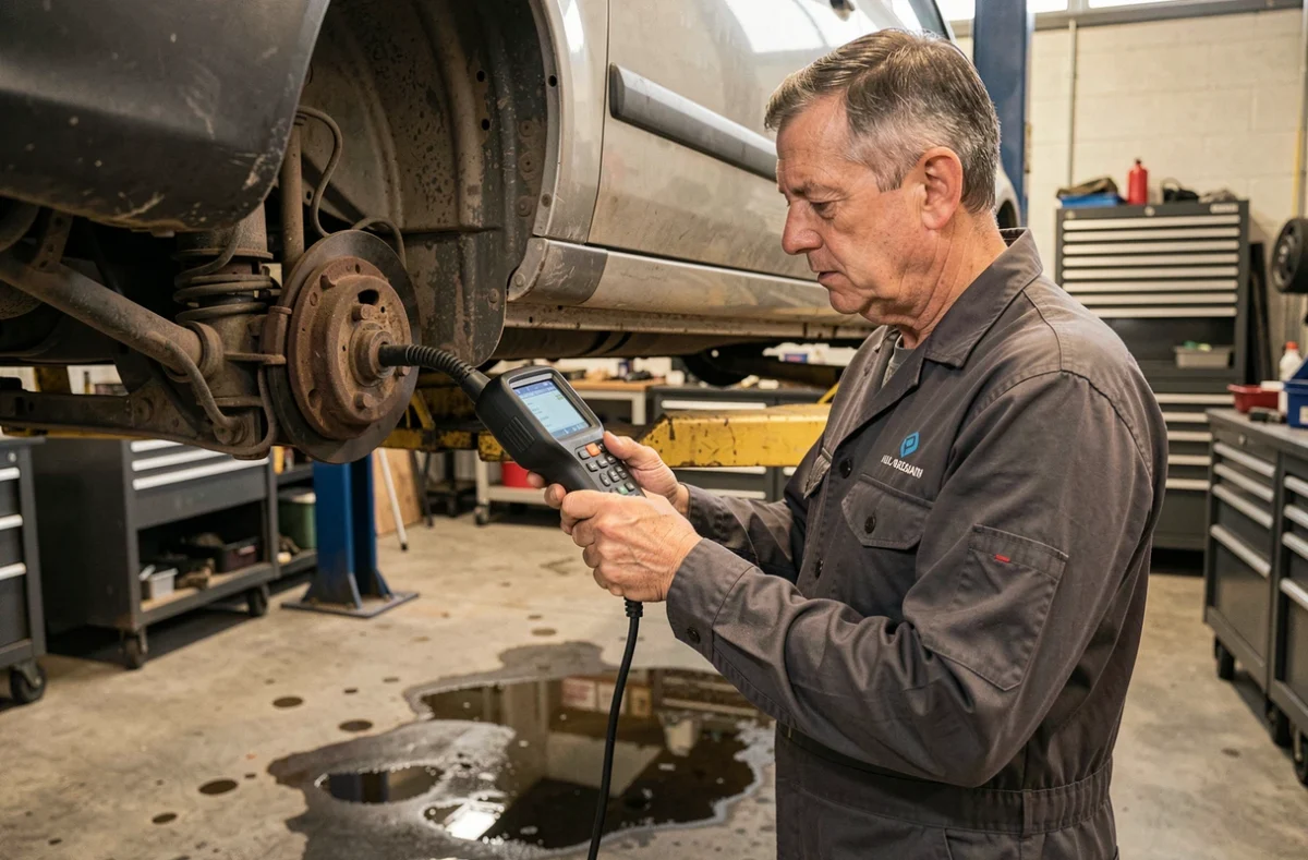 Mécanicien réalisant un diagnostic électronique sur une voiture d'occasion dans un garage automobile