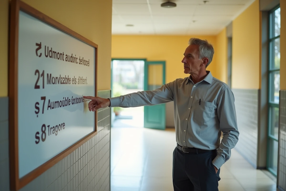 Directeur d'école devant un panneau officiel affichant le code RNE et le numéro UAI de l'établissement scolaire