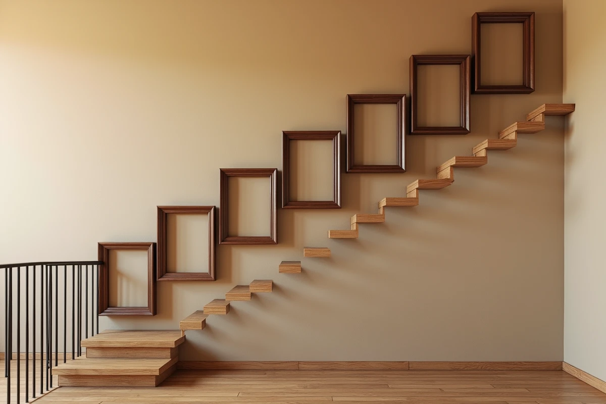 Cadres identiques disposés en escalier descendant le long d'une montée d'escalier en plâtre beige