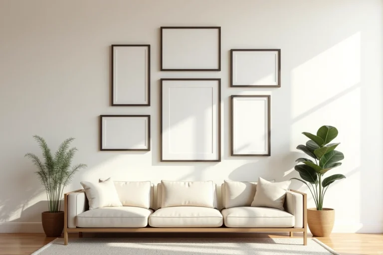 Mur décoré de cadres identiques disposés de façon harmonieuse dans un salon moderne et minimaliste