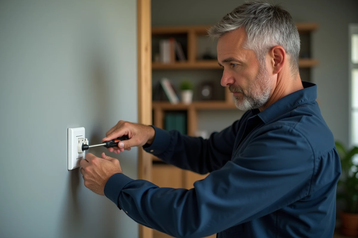 Homme d'âge moyen répare une prise électrique dans un salon