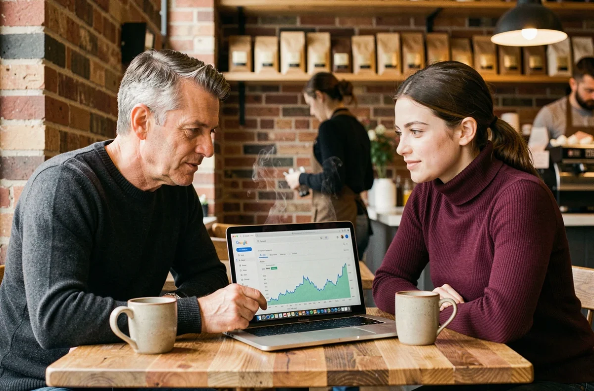 Entrepreneur et consultante web discutant d'une stratégie de référencement naturel autour d'un ordinateur portable dans un café