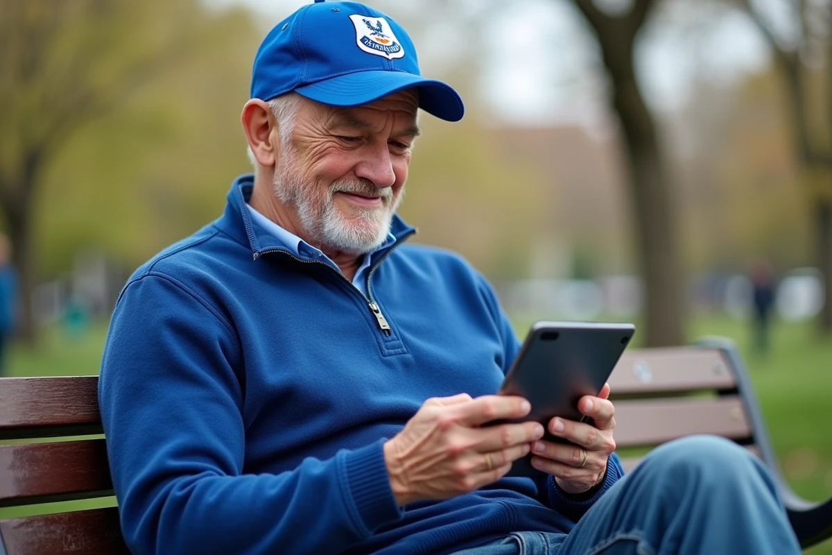Fan lyonnais âgé utilisant une tablette dans un parc