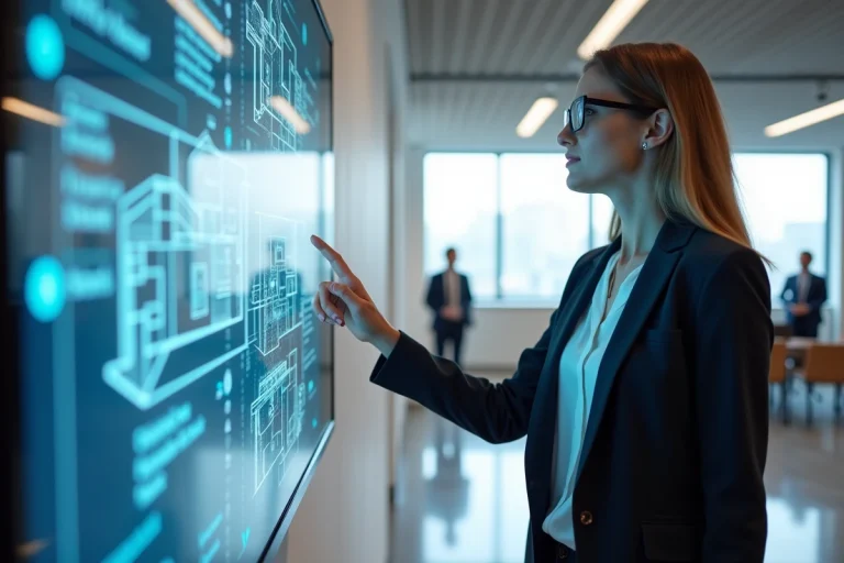Femme professionnelle de l'immobilier interagissant avec une interface numérique 3D de visualisation de propriétés dans une agence moderne