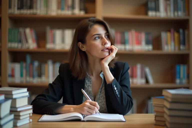 Femme en blouse et blazer dans une bibliothèque studieuse