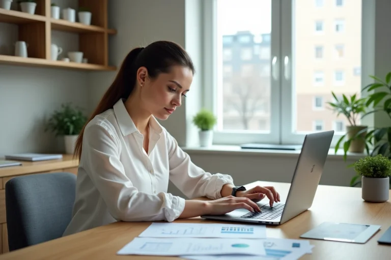 Femme d affaires dans un bureau moderne en train d étudier des documents