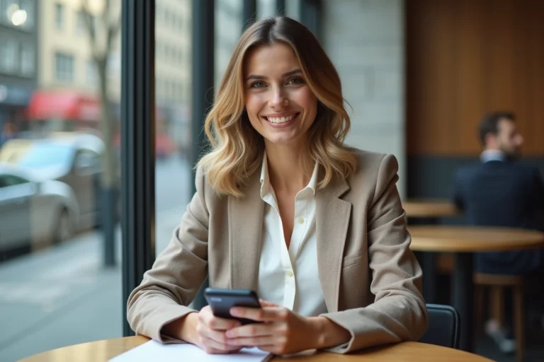 Femme en blazer blanc dans un café urbain moderne