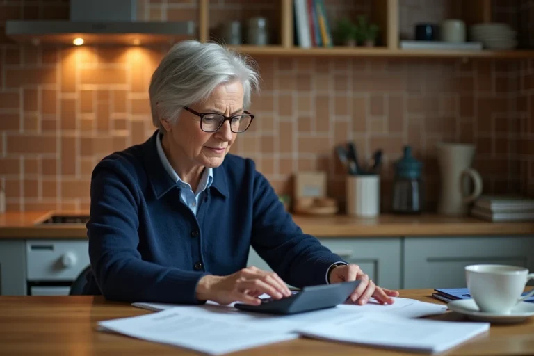 Femme de 58 ans calculant sa retraite à la cuisine avec des documents et une calculatrice