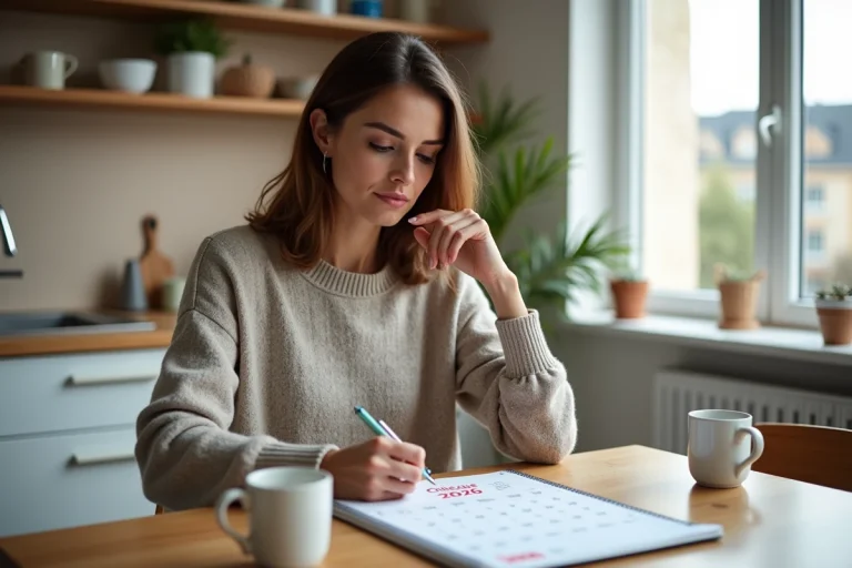 Femme jeune marquant dates sur calendrier Chèque Differe 2026