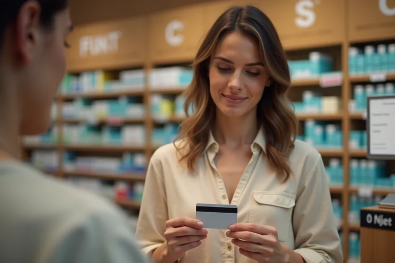 Femme tenant une carte Nickel à un comptoir de pharmacie en France, consultant un reçu de transaction