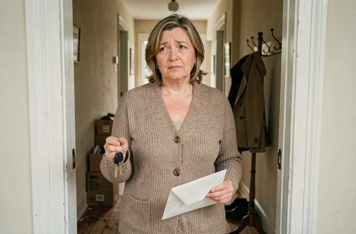 Femme tenant ses clés d'appartement et une lettre d'aide au logement sur le seuil de son nouveau domicile