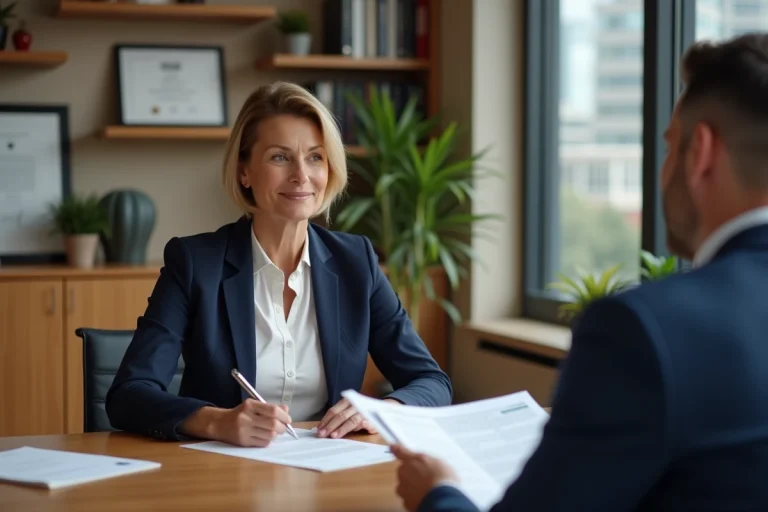 Femme professionnelle consultant un conseiller en assurance dans un bureau moderne pour protéger son patrimoine