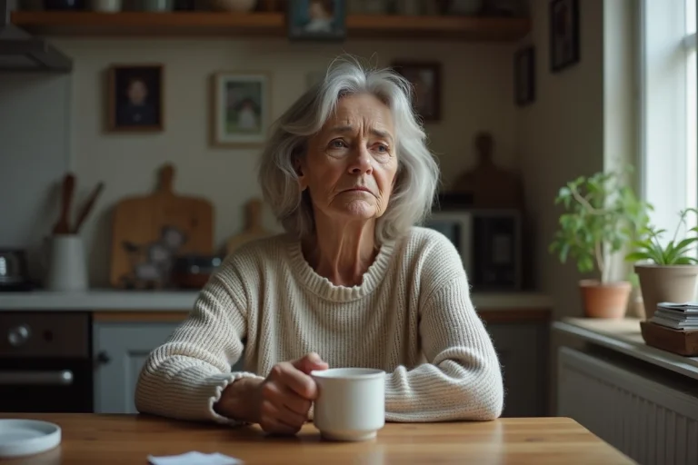 Femme d'âge moyen assise seule à la table de cuisine