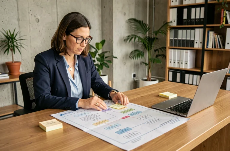 Femme professionnelle étudiant un sitemap de site d'actualité imprimé sur un bureau en bois dans un bureau moderne