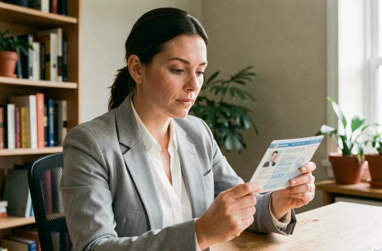 Femme examinant attentivement son permis de conduire français à son bureau, focus sur la colonne 11 du document officiel