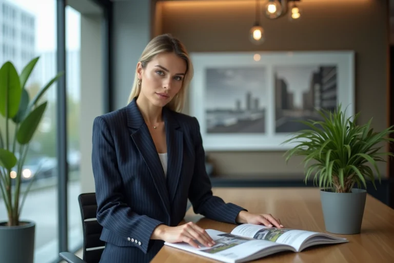 Femme confiante en costume dans une agence immobiliere