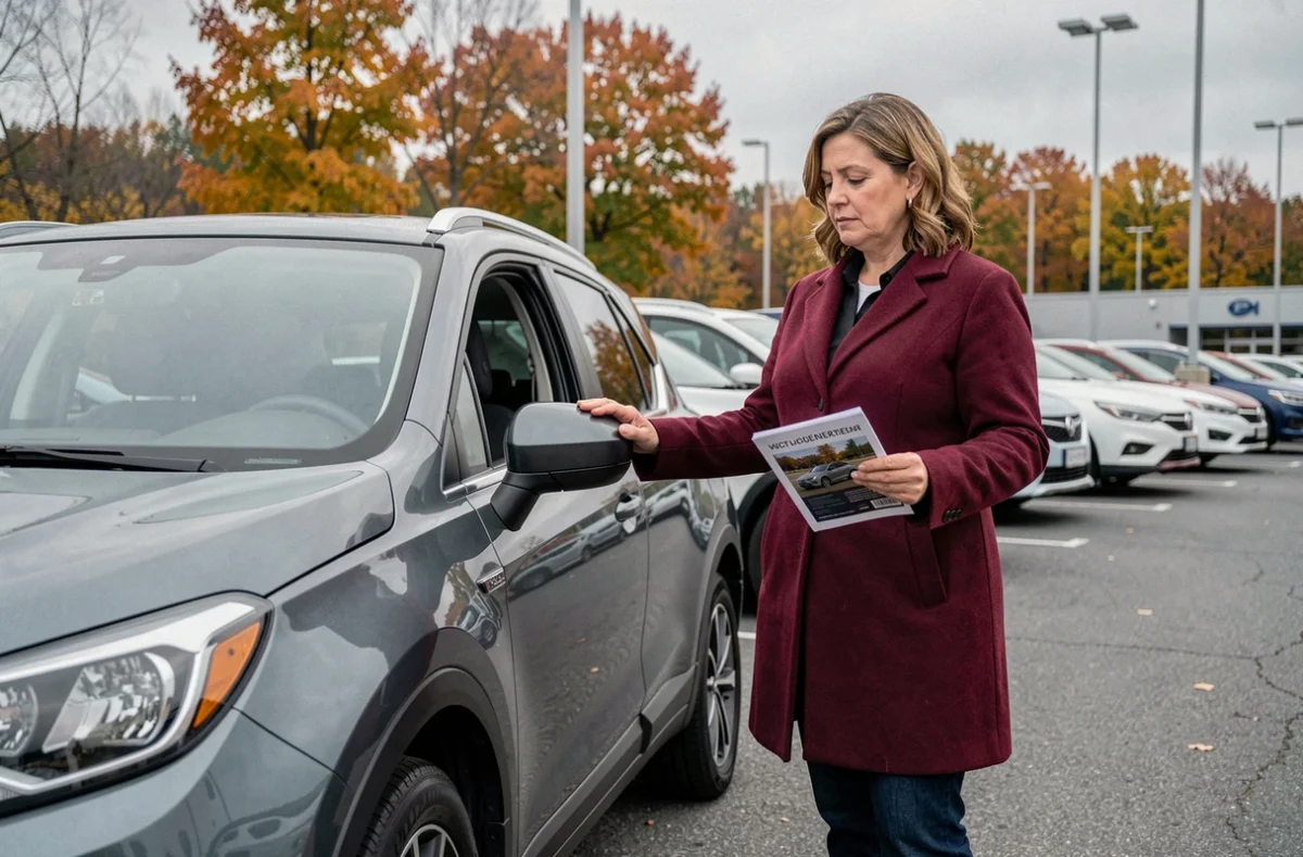 Femme examinant un SUV compact dans un parking de concession automobile en automne