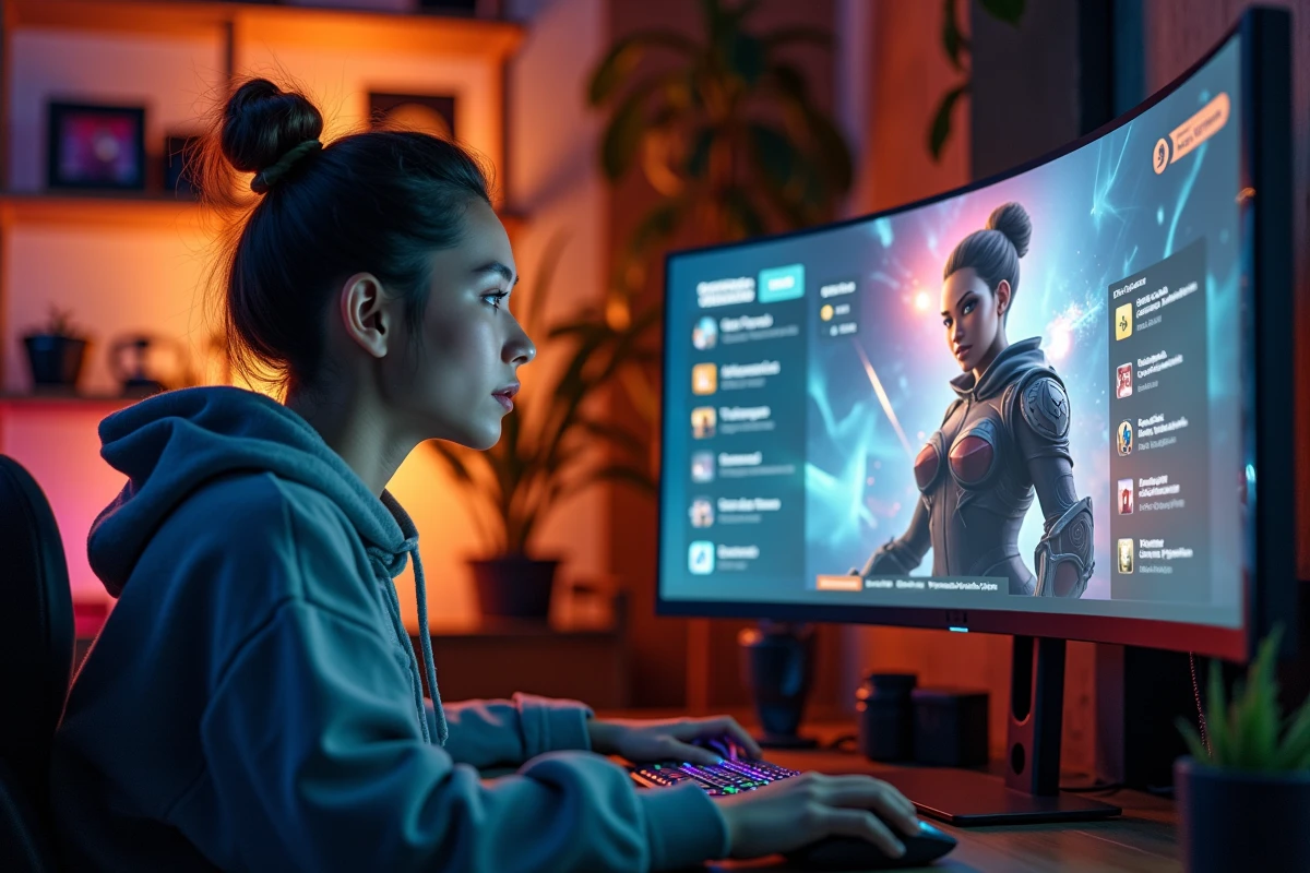 Jeune femme jouant aux Sims 4 sur un PC gaming avec interface de personnalisation visible à l'écran