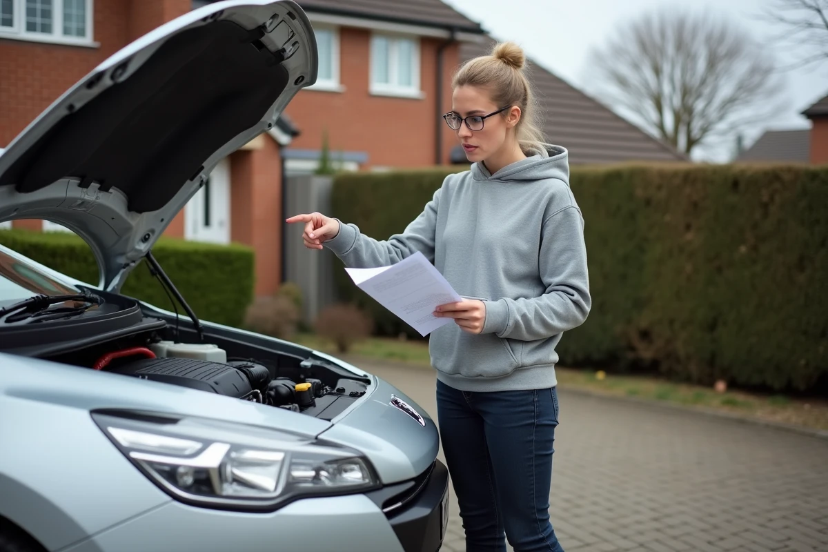 Femme consultant un manuel pour amorcer la poire de gasoil sur une Peugeot 308 garée dans une allée résidentielle