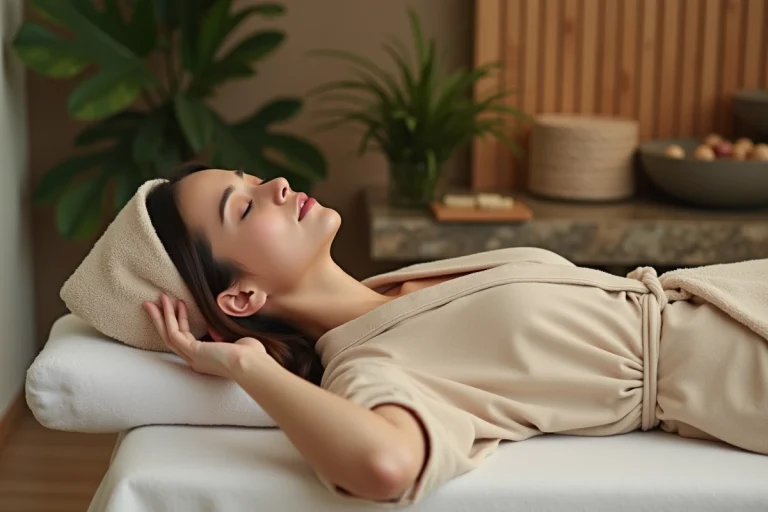 Femme détendue dans un spa avec robe beige et ambiance naturelle