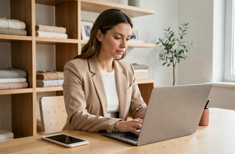 Femme élégante en blazer beige qui fait du shopping de mode en ligne sur un ordinateur portable dans un bureau scandinave minimaliste
