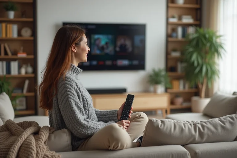 Jeune femme regardant un film en streaming sur sa télévision depuis son canapé confortable à la maison