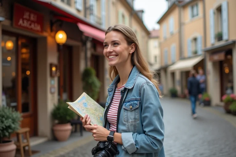 Femme souriante dans un village français avec carte et appareil photo