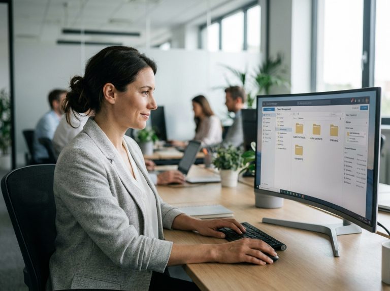 Femme utilisant un logiciel de GED sur un grand écran dans un bureau moderne en open space
