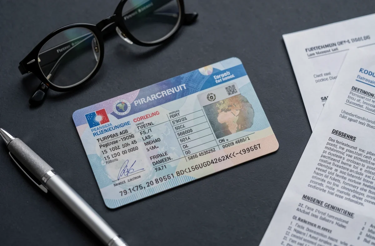 Vue rapprochée d'un permis de conduire français posé sur un bureau avec lunettes et stylo, mettant en valeur les colonnes administratives dont la colonne 11