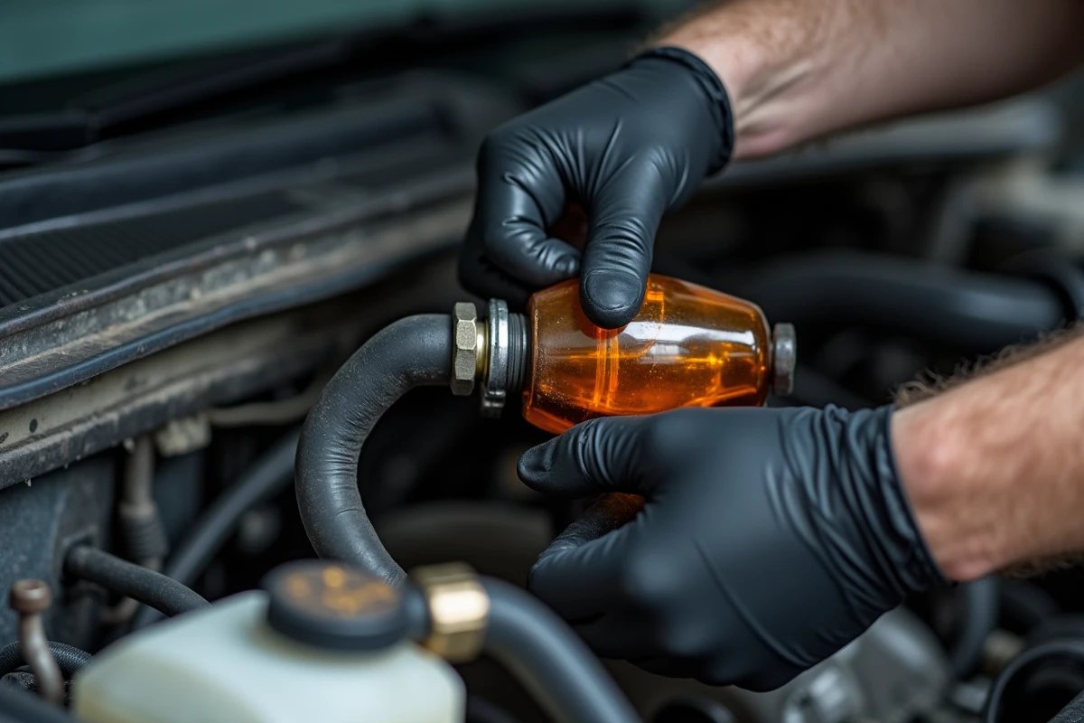 Gros plan sur une poire d'amorçage diesel translucide avec tuyaux de carburant dans un compartiment moteur HDi