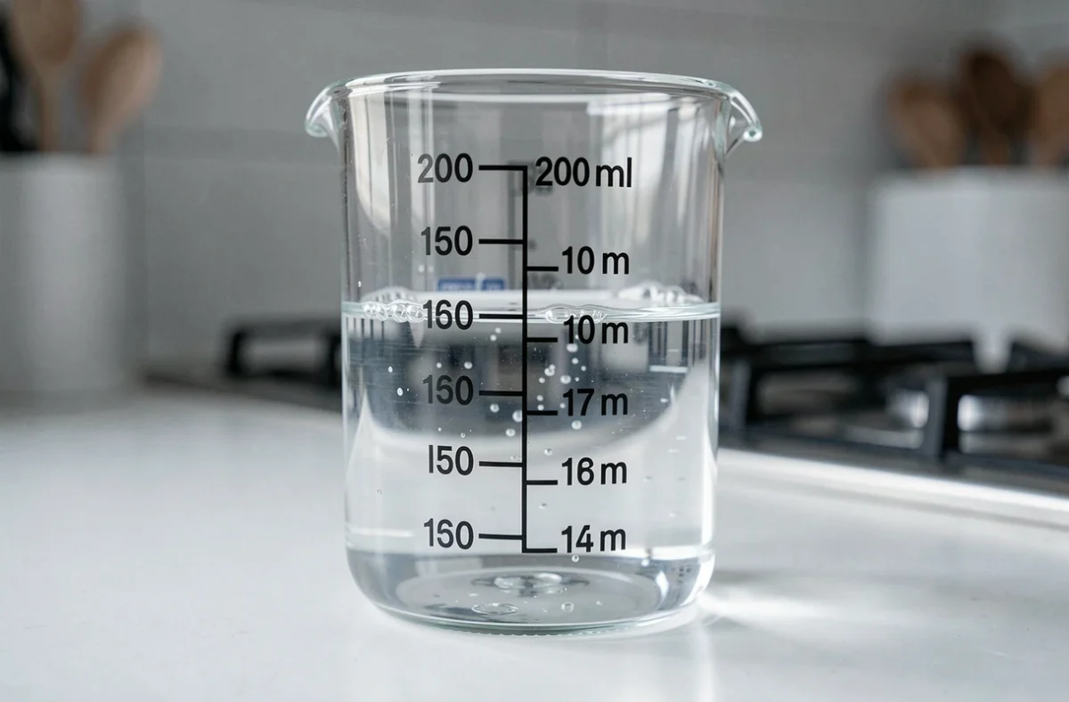 Gros plan d'un verre doseur gradué rempli à 200 ml avec les conversions en litres visibles sur le verre transparent