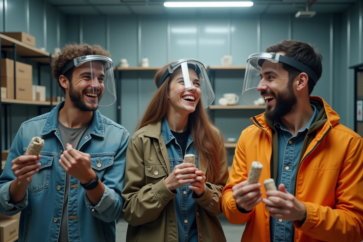 Trois amis rient dans une salle de rage avec objets cassés