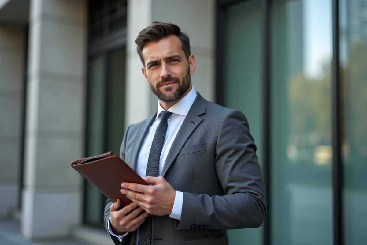 Homme d'affaires consultant un document d'assurance devant un immeuble moderne dans un quartier financier urbain